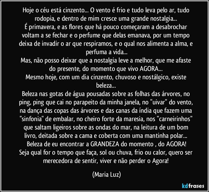 Hoje o céu está cinzento... O vento é frio e tudo leva pelo ar, tudo rodopia, e dentro de mim cresce uma grande nostalgia... 
É primavera, e as flores que há pouco começaram a desabrochar voltam a se fechar e o perfume que delas emanava, por um tempo deixa de invadir o ar que respiramos, e o qual nos alimenta a alma, e perfuma a vida...
Mas, não posso deixar que a nostalgia leve a melhor, que me afaste do presente, do momento que vivo AGORA... 
Mesmo hoje, com um dia cinzento, chuvoso e nostálgico, existe beleza... 
Beleza nas gotas de água pousadas sobre as folhas das árvores, no ping, ping que cai no parapeito da minha janela, no "uivar" do vento, na dança das copas das árvores e das canas da índia que fazem uma "sinfonia" de embalar, no cheiro forte da maresia, nos "carneirinhos" que saltam ligeiros sobre as ondas do mar, na leitura de um bom livro, deitada sobre a cama e coberta com uma mantinha polar... Beleza  de eu encontrar a GRANDEZA do momento , do AGORA!
Seja qual for o tempo que faça, sol ou chuva, frio ou calor, quero ser merecedora de sentir, viver e não perder o Agora! (Maria Luz)