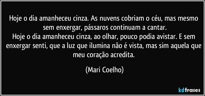 Hoje o dia amanheceu cinza. As nuvens cobriam o céu, mas mesmo sem enxergar, pássaros continuam a cantar.
Hoje o dia amanheceu cinza, ao olhar, pouco podia avistar. E sem enxergar senti, que a luz que ilumina não é vista, mas sim aquela que meu coração acredita. (Mari Coelho)
