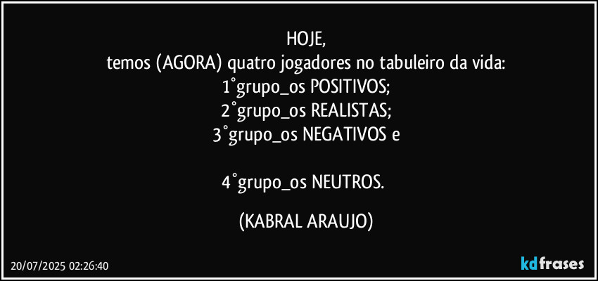 HOJE,
temos (AGORA) quatro jogadores no tabuleiro da vida:
1°grupo_os POSITIVOS;
2°grupo_os REALISTAS;
3°grupo_os NEGATIVOS e

4°grupo_os NEUTROS. (KABRAL ARAUJO)