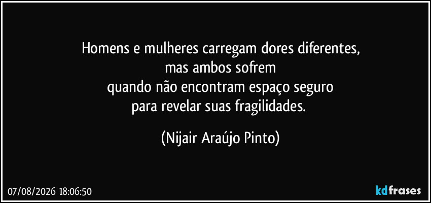 Homens e mulheres carregam dores diferentes,
mas ambos sofrem
quando não encontram espaço seguro
para revelar suas fragilidades. (Nijair Araújo Pinto)