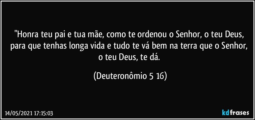 "Honra teu pai e tua mãe, como te ordenou o Senhor, o teu Deus, para que tenhas longa vida e tudo te vá bem na terra que o Senhor, o teu Deus, te dá. (Deuteronômio 5 16)