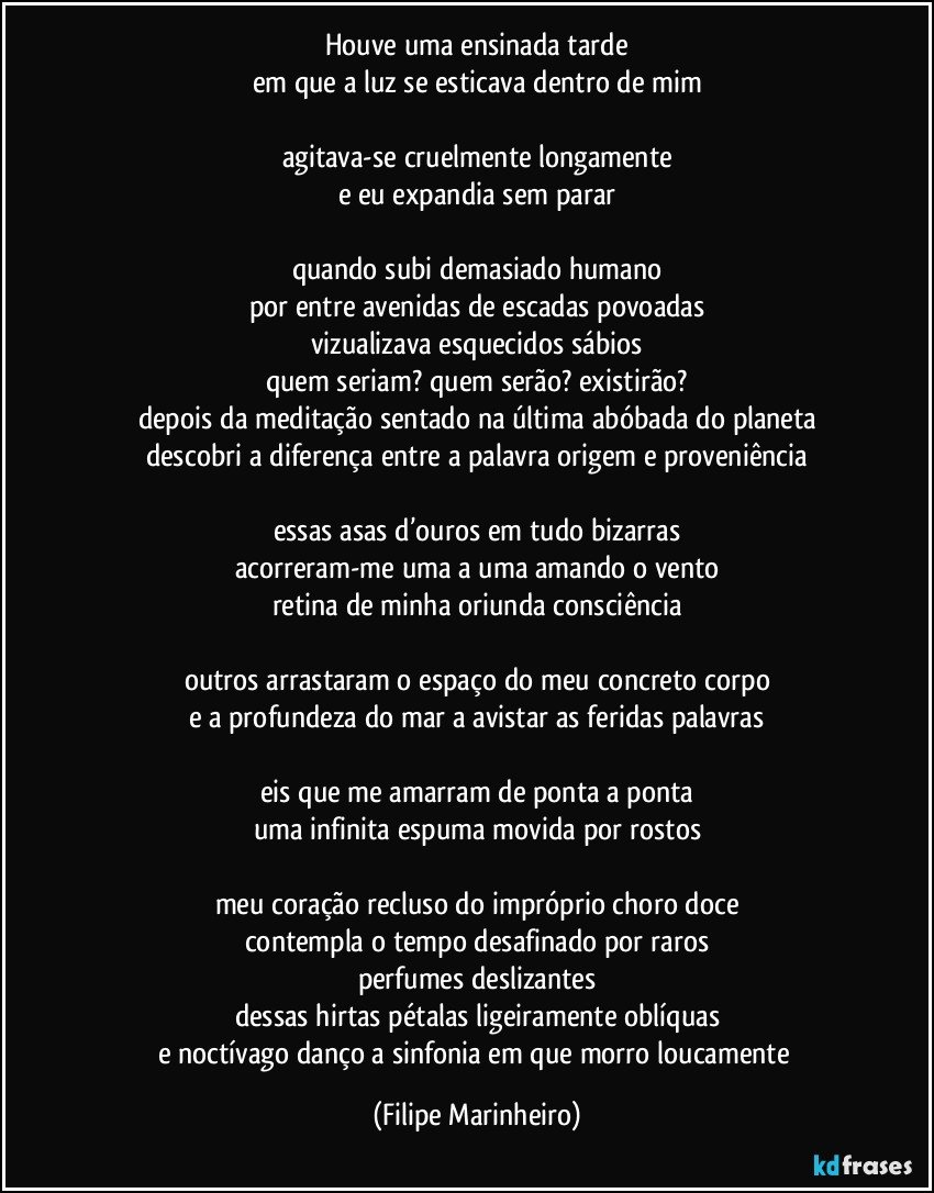 houve uma ensinada tarde
em que a luz se esticava dentro de mim

agitava-se cruelmente longamente
e eu expandia sem parar

quando subi demasiado humano
por entre avenidas de escadas povoadas
vizualizava esquecidos sábios
quem seriam? quem serão? existirão?
depois da meditação sentado na última abóbada do planeta
descobri a diferença entre a palavra origem e proveniência

essas asas d’ouros em tudo bizarras
acorreram-me uma a uma amando o vento
retina de minha oriunda consciência

outros arrastaram o espaço do meu concreto corpo
e a profundeza do mar a avistar as feridas palavras

eis que me amarram de ponta a ponta
uma infinita espuma movida por rostos

meu coração recluso do impróprio choro doce
contempla o tempo desafinado por raros
perfumes deslizantes
dessas hirtas pétalas ligeiramente oblíquas
e noctívago danço a sinfonia em que morro loucamente (Filipe Marinheiro)