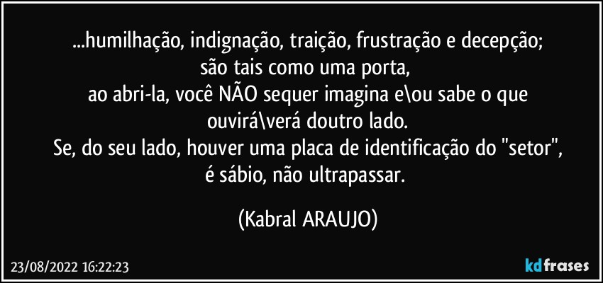 ...humilhação, indignação, traição, frustração e decepção;
são tais como uma porta, 
ao abri-la, você NÃO sequer imagina e\ou sabe o que
ouvirá\verá doutro lado.
Se, do seu lado, houver uma placa de identificação do "setor",
é sábio, não ultrapassar. (KABRAL ARAUJO)