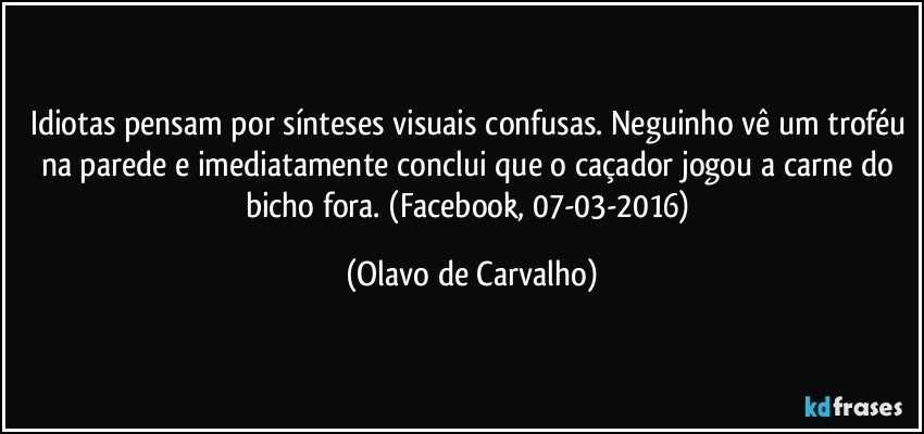 Idiotas pensam por sínteses visuais confusas. Neguinho vê um troféu na parede e imediatamente conclui que o caçador jogou a carne do bicho fora. (Facebook, 07-03-2016) (Olavo de Carvalho)