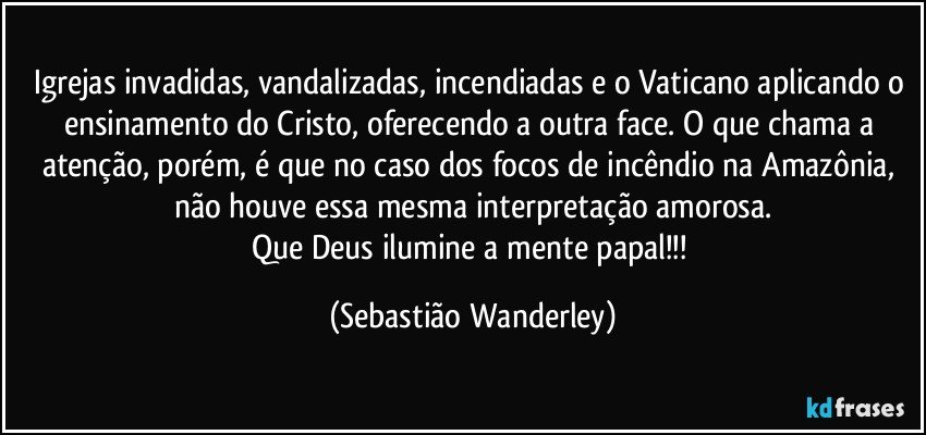Igrejas invadidas, vandalizadas, incendiadas e o Vaticano aplicando o ensinamento do Cristo, oferecendo a outra face. O que chama a atenção, porém, é que no caso dos focos de incêndio na Amazônia, não houve essa mesma interpretação amorosa.
Que Deus ilumine a mente papal!!! (Sebastião Wanderley)