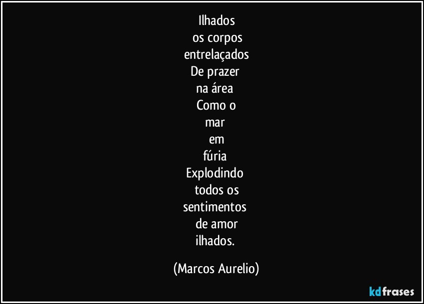 Ilhados
 os corpos
entrelaçados
De prazer 
na área 
Como o
mar  
em
fúria 
Explodindo 
todos os
sentimentos 
de amor
ilhados. (Marcos Aurelio)