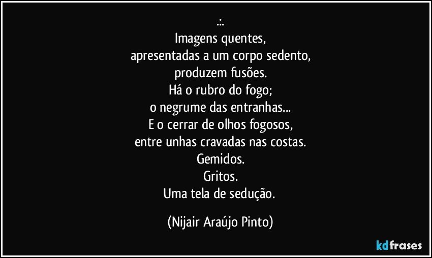 .:.
Imagens quentes,
apresentadas a um corpo sedento,
produzem fusões.
Há o rubro do fogo;
o negrume das entranhas...
E o cerrar de olhos fogosos,
entre unhas cravadas nas costas.
Gemidos.
Gritos.
Uma tela de sedução. (Nijair Araújo Pinto)