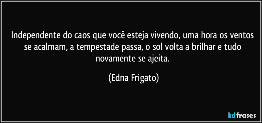 Independente do caos que você esteja vivendo, uma hora os ventos se acalmam, a tempestade passa, o sol volta a brilhar e tudo novamente se ajeita. (Edna Frigato)