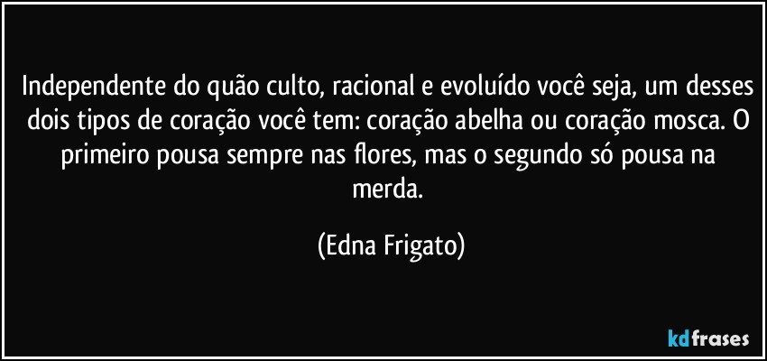 Independente do quão culto, racional e evoluído você seja, um desses dois tipos de coração você tem: coração abelha ou coração mosca. O primeiro pousa sempre nas flores, mas o segundo só pousa na merda. (Edna Frigato)