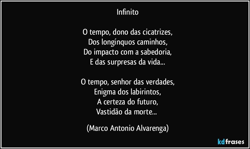 Infinito

O tempo, dono das cicatrizes,
Dos longínquos caminhos,
Do impacto com a sabedoria,
E das surpresas da vida...

O tempo, senhor das verdades,
Enigma dos labirintos,
A certeza do futuro,
Vastidão da morte... (Marco Antonio Alvarenga)