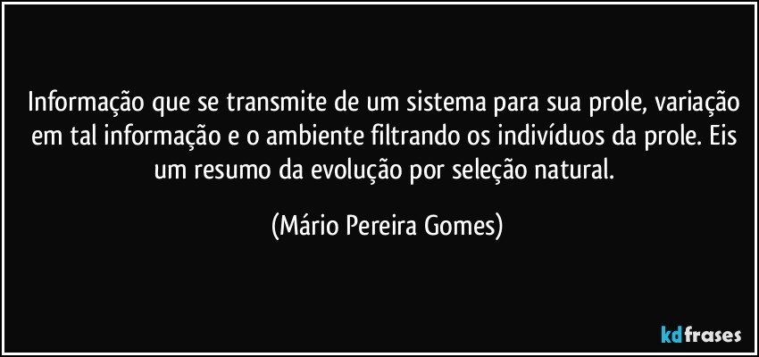 Informação que se transmite de um sistema para sua prole, variação em tal informação e o ambiente filtrando os indivíduos da prole. Eis um resumo da evolução por seleção natural. (Mário Pereira Gomes)