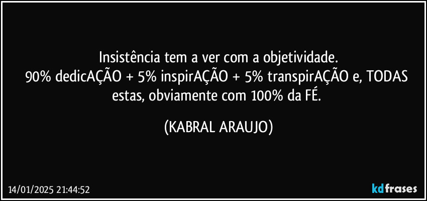 Insistência tem a ver com a objetividade.
90% dedicAÇÃO + 5% inspirAÇÃO + 5% transpirAÇÃO e, TODAS estas, obviamente com 100% da FÉ. (KABRAL ARAUJO)