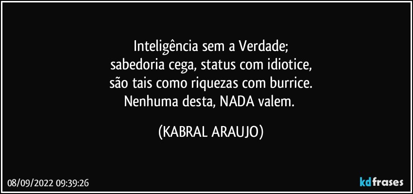 Inteligência sem a Verdade;
sabedoria cega, status com idiotice,
são tais como riquezas com burrice.
Nenhuma desta, NADA valem. (KABRAL ARAUJO)