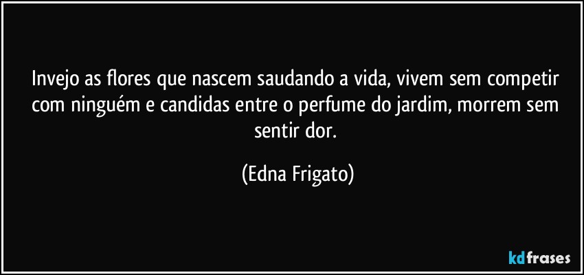 Invejo as flores que nascem saudando a vida, vivem sem competir com ninguém e candidas entre o perfume do jardim, morrem sem sentir dor. (Edna Frigato)