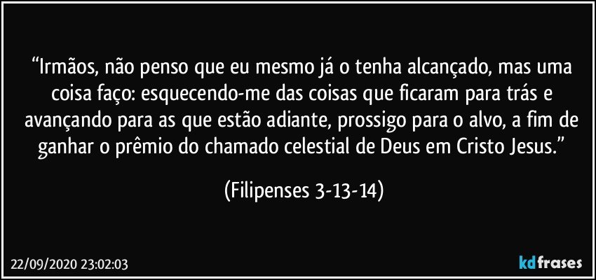 “Irmãos, não penso que eu mesmo já o tenha alcançado, mas uma coisa faço: esquecendo-me das coisas que ficaram para trás e avançando para as que estão adiante, prossigo para o alvo, a fim de ganhar o prêmio do chamado celestial de Deus em Cristo Jesus.” (Filipenses 3-13-14)