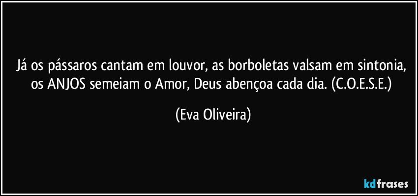 Já os pássaros cantam em louvor, as borboletas valsam em sintonia, os ANJOS semeiam o Amor, Deus abençoa cada dia. (C.O.E.S.E.) (Eva Oliveira)