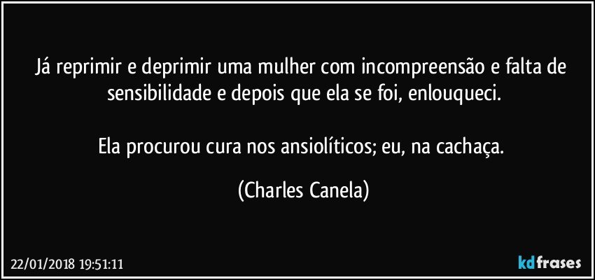 Já reprimir e deprimir uma mulher com incompreensão e falta de sensibilidade e depois que ela se foi, enlouqueci.

Ela procurou cura nos ansiolíticos; eu, na cachaça. (Charles Canela)