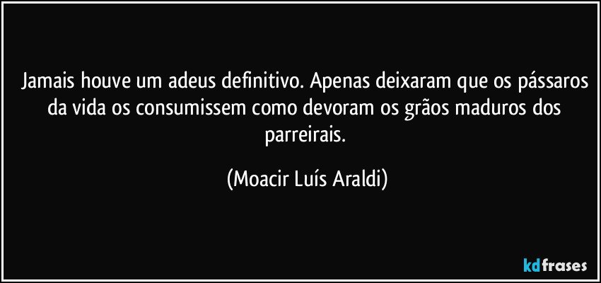 Jamais houve um adeus definitivo. Apenas deixaram que os pássaros da vida os consumissem como devoram os grãos maduros dos parreirais. (Moacir Luís Araldi)