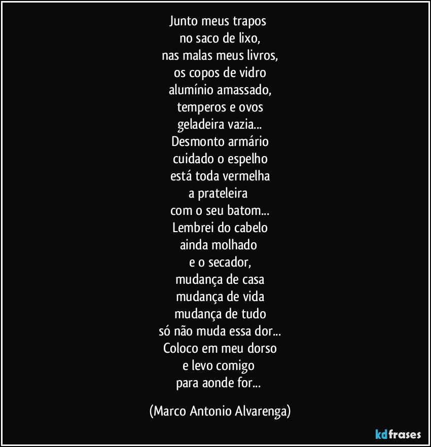 Junto meus trapos 
no saco de lixo,
nas malas meus livros,
os copos de vidro
alumínio amassado,
temperos e ovos
geladeira vazia...
Desmonto armário
cuidado o espelho
está toda vermelha
a prateleira 
com o seu batom...
Lembrei do cabelo
ainda molhado 
e o secador,
mudança de casa
mudança de vida
mudança de tudo
só não muda essa dor...
Coloco em meu dorso
e levo comigo 
para aonde for... (Marco Antonio Alvarenga)