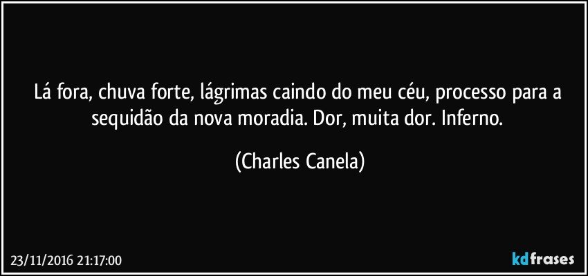 Lá fora, chuva forte, lágrimas caindo do meu céu, processo para a sequidão da nova moradia. Dor, muita dor. Inferno. (Charles Canela)