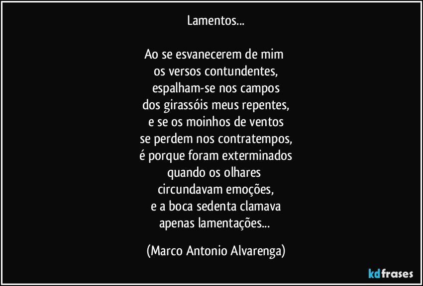 Lamentos...

Ao se esvanecerem de mim 
os versos contundentes,
espalham-se nos campos
dos girassóis meus repentes,
e se os moinhos de ventos
se perdem nos contratempos,
é porque foram exterminados
quando os olhares 
circundavam emoções,
e a boca sedenta clamava
apenas lamentações... (Marco Antonio Alvarenga)