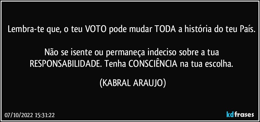 Lembra-te que, o teu VOTO pode mudar TODA a história do teu País. 
Não se isente ou permaneça indeciso sobre a tua RESPONSABILIDADE. Tenha CONSCIÊNCIA na tua escolha. (KABRAL ARAUJO)