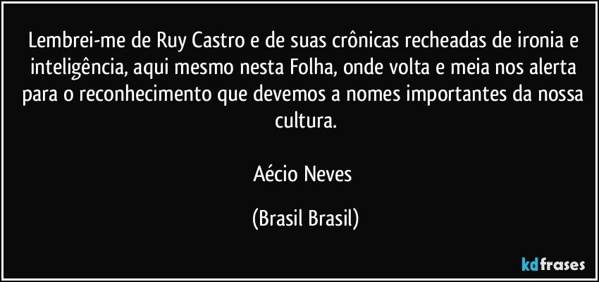 Lembrei-me de Ruy Castro e de suas crônicas recheadas de ironia e inteligência, aqui mesmo nesta Folha, onde volta e meia nos alerta para o reconhecimento que devemos a nomes importantes da nossa cultura.

Aécio Neves (Brasil Brasil)