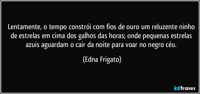 Lentamente, o tempo constrói com fios de ouro um reluzente ninho de estrelas em cima dos galhos das horas; onde pequenas estrelas azuis aguardam o cair da noite para voar no negro céu. (Edna Frigato)