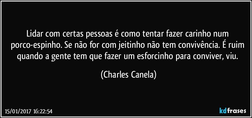 Lidar com certas pessoas é como tentar fazer carinho num porco-espinho. Se não for com jeitinho não tem convivência. É ruim quando a gente tem que fazer um esforcinho para conviver, viu. (Charles Canela)