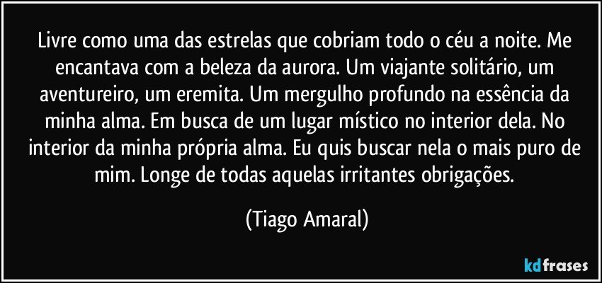 Livre como uma das estrelas que cobriam todo o céu a noite. Me encantava com a beleza da aurora. Um viajante solitário, um aventureiro, um eremita. Um mergulho profundo na essência da minha alma. Em busca de um lugar místico no interior dela. No interior da minha própria alma. Eu quis buscar nela o mais puro de mim. Longe de todas aquelas irritantes obrigações. (Tiago Amaral)