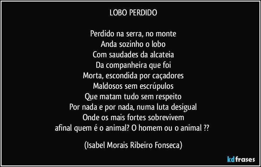 LOBO PERDIDO

Perdido na serra, no monte
Anda sozinho o lobo
Com saudades da alcateia
Da companheira que foi
Morta, escondida por caçadores
Maldosos sem escrúpulos
Que matam tudo sem respeito
Por nada e por nada, numa luta desigual
Onde os mais fortes sobrevivem
afinal quem é o animal? O homem ou o animal ?? (Isabel Morais Ribeiro Fonseca)