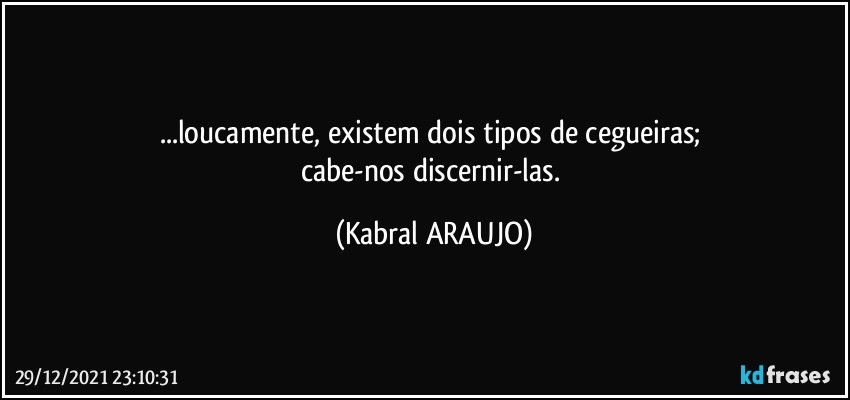 ...loucamente, existem dois tipos de cegueiras; 
cabe-nos discernir-las. (KABRAL ARAUJO)