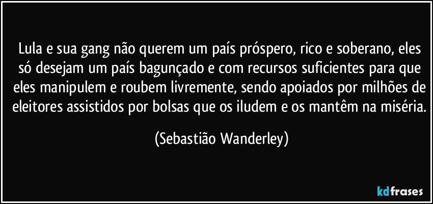 Lula e sua gang não querem um país próspero, rico e soberano, eles só desejam um país bagunçado e com recursos suficientes para que eles manipulem e roubem livremente, sendo apoiados por milhões de eleitores assistidos por bolsas que os iludem e os mantêm na miséria. (Sebastião Wanderley)
