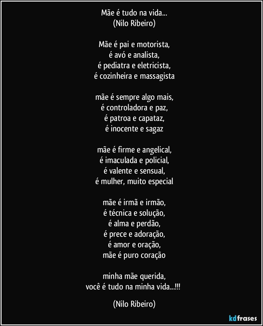 Mãe é tudo na vida...
(Nilo Ribeiro)

Mãe é pai e motorista,
é avó e analista,
é pediatra e eletricista,
é cozinheira e massagista

mãe é sempre algo mais,
é controladora e paz,
é patroa e capataz,
é inocente e sagaz

mãe é firme e angelical,
é imaculada e policial,
é valente e sensual,
é mulher, muito especial

mãe é irmã e irmão,
é técnica e solução,
é alma e perdão,
é prece e adoração,
é amor e oração,
mãe é puro coração

minha mãe querida,
você é tudo na minha vida...!!! (Nilo Ribeiro)