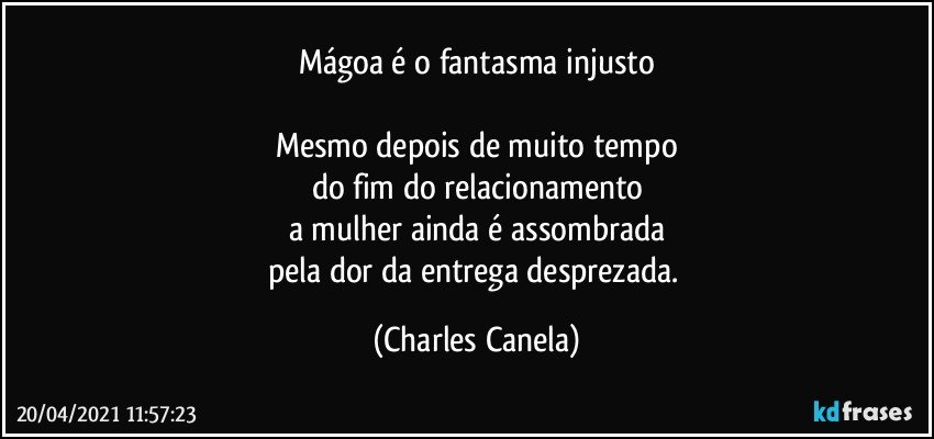 Mágoa é o fantasma injusto

Mesmo depois de muito tempo
do fim do relacionamento
a mulher ainda é assombrada
pela dor da entrega desprezada. (Charles Canela)