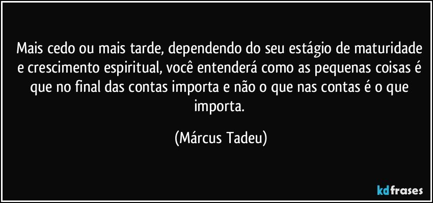 Mais cedo ou mais tarde, dependendo do seu estágio de maturidade e crescimento espiritual, você entenderá como as pequenas coisas é que no final das contas importa e não o que nas contas é o que importa. (Márcus Tadeu)