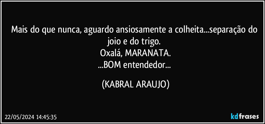 Mais do que nunca, aguardo ansiosamente a colheita...separação do joio e do trigo. 
Oxalá, MARANATA.
...BOM entendedor... (KABRAL ARAUJO)