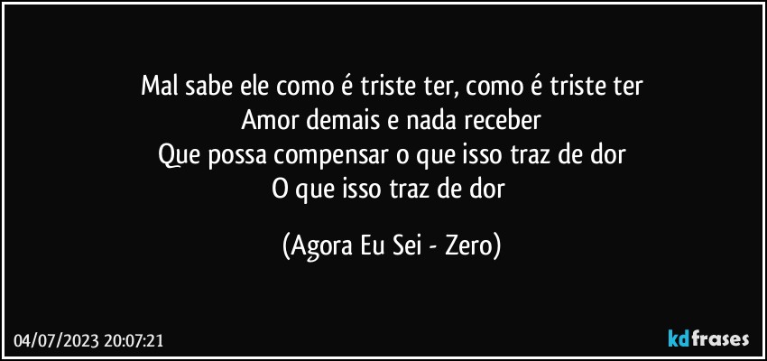 Mal sabe ele como é triste ter, como é triste ter
Amor demais e nada receber
Que possa compensar o que isso traz de dor
O que isso traz de dor (Agora Eu Sei - Zero)