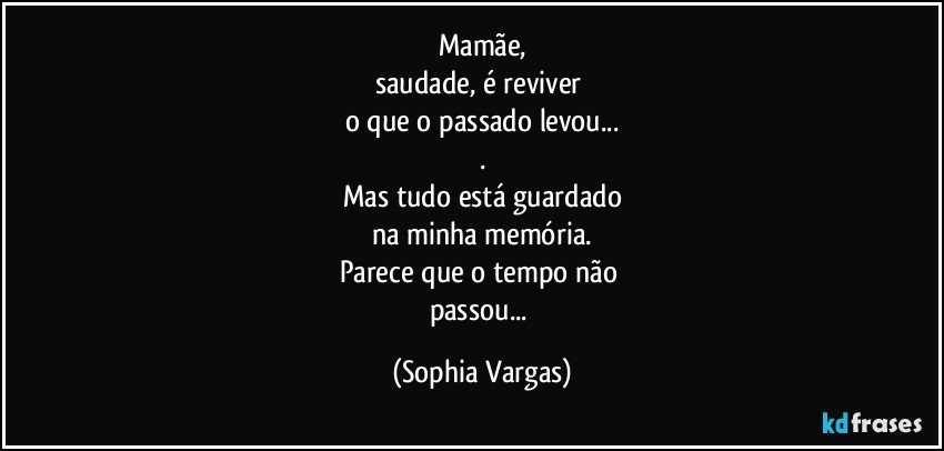 Mamãe,
saudade, é reviver 
o que o passado levou...
.
Mas tudo está guardado
na minha memória.
Parece que o tempo não 
passou... (Sophia Vargas)