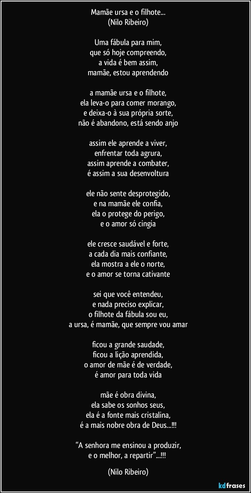 Mamãe ursa e o filhote...
(Nilo Ribeiro)

Uma fábula para mim,
que só hoje compreendo,
a vida é bem assim,
mamãe, estou aprendendo

a mamãe ursa e o filhote,
ela leva-o para comer morango,
e deixa-o à sua própria sorte,
não é abandono, está sendo anjo

assim ele aprende a viver,
enfrentar toda agrura,
assim aprende a combater,
é assim a sua desenvoltura

ele não sente desprotegido,
e na mamãe ele confia,
ela o protege do perigo,
e o amor só cingia

ele cresce saudável e forte,
a cada dia mais confiante,
ela mostra a ele o norte,
e o amor se torna cativante

sei que você entendeu,
e nada preciso explicar,
o filhote da fábula sou eu,
a ursa, é mamãe, que sempre vou amar

ficou a grande saudade,
ficou a lição aprendida,
o amor de mãe é de verdade,
é amor para toda vida

mãe é obra divina,
ela sabe os sonhos seus,
ela é a fonte mais cristalina,
é a mais nobre obra de Deus...!!!

“A senhora me ensinou a produzir,
e o melhor, a repartir”...!!! (Nilo Ribeiro)