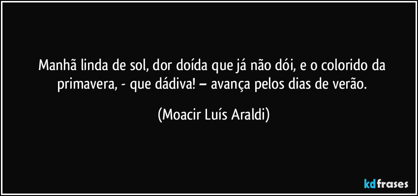 Manhã linda de sol, dor doída que já não dói, e  o colorido da primavera, - que dádiva! – avança pelos dias de verão. (Moacir Luís Araldi)