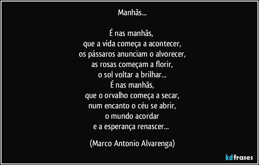 Manhãs...

É nas manhãs, 
que a vida começa a acontecer,
os pássaros anunciam o alvorecer,
as rosas começam a florir,
o sol voltar a brilhar...
É nas manhãs,
que o orvalho começa a secar,
num encanto o céu se abrir,
o mundo acordar
e a esperança renascer... (Marco Antonio Alvarenga)