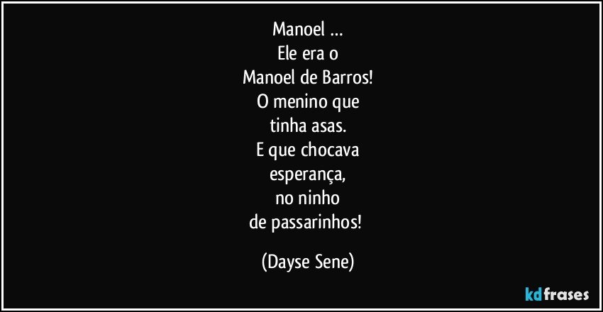 Manoel …
Ele era o
Manoel de Barros!
O menino que
tinha asas.
E que chocava
esperança,
no ninho
de passarinhos! (Dayse Sene)