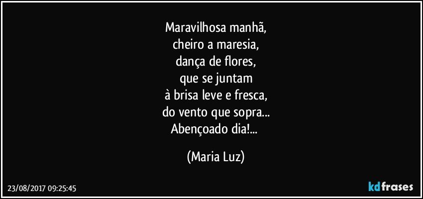 Maravilhosa manhã,
cheiro a maresia,
dança de flores,
que se juntam
à brisa leve e fresca,
do vento que sopra...
Abençoado dia!... (Maria Luz)