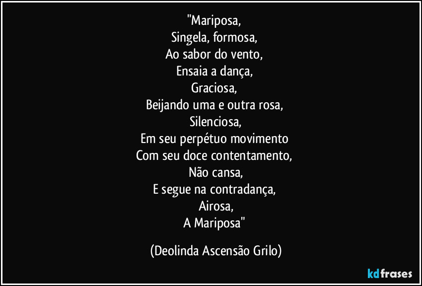 "Mariposa, 
Singela, formosa, 
Ao sabor do vento, 
Ensaia a dança, 
Graciosa, 
Beijando uma e outra rosa, 
Silenciosa,
Em seu perpétuo movimento 
Com seu doce contentamento, 
Não cansa,
E segue na contradança, 
Airosa,
A Mariposa" (Deolinda Ascensão Grilo)