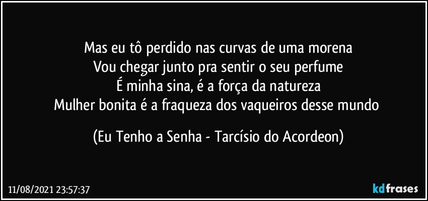 Mas eu tô perdido nas curvas de uma morena
Vou chegar junto pra sentir o seu perfume
É minha sina, é a força da natureza
Mulher bonita é a fraqueza dos vaqueiros desse mundo (Eu Tenho a Senha - Tarcísio do Acordeon)