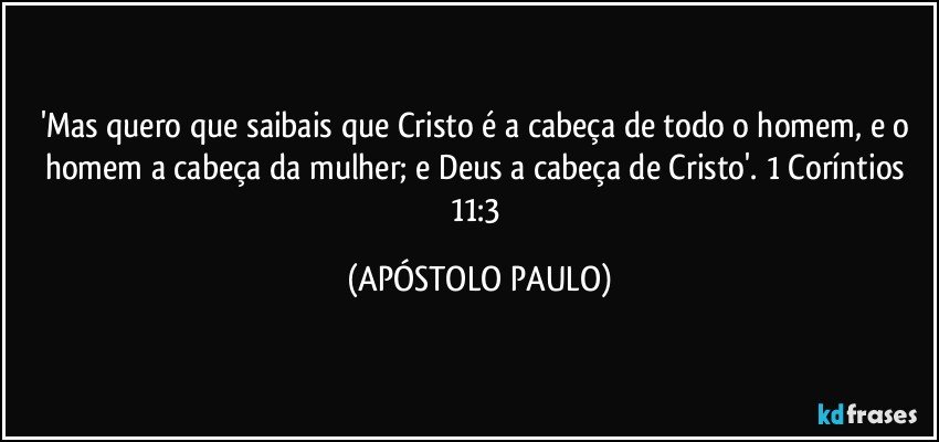 'Mas quero que saibais que Cristo é a cabeça de todo o homem, e o homem a cabeça da mulher; e Deus a cabeça de Cristo'. 1 Coríntios 11:3 (APÓSTOLO PAULO)