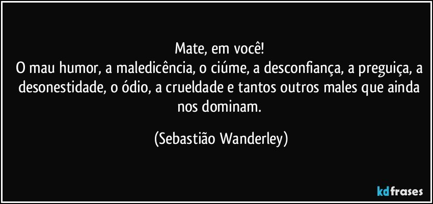 Mate, em você! 
O mau humor, a maledicência, o ciúme, a desconfiança, a preguiça, a desonestidade, o ódio, a crueldade e tantos outros males que ainda nos dominam. (Sebastião Wanderley)