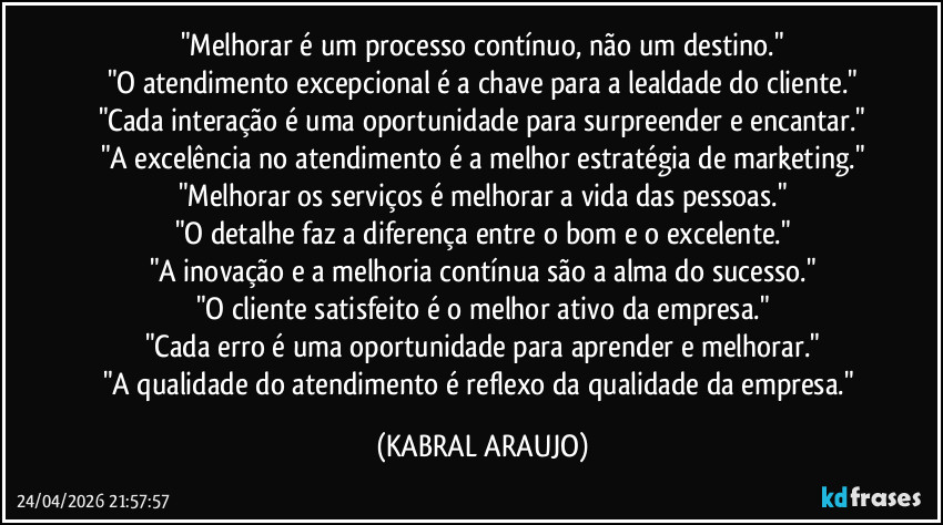 "Melhorar é um processo contínuo, não um destino."
"O atendimento excepcional é a chave para a lealdade do cliente."
"Cada interação é uma oportunidade para surpreender e encantar."
"A excelência no atendimento é a melhor estratégia de marketing."
"Melhorar os serviços é melhorar a vida das pessoas."
"O detalhe faz a diferença entre o bom e o excelente."
"A inovação e a melhoria contínua são a alma do sucesso."
"O cliente satisfeito é o melhor ativo da empresa."
"Cada erro é uma oportunidade para aprender e melhorar."
"A qualidade do atendimento é reflexo da qualidade da empresa." (KABRAL ARAUJO)