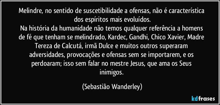 Melindre, no sentido de suscetibilidade a ofensas, não é característica dos espíritos mais evoluídos.
Na história da humanidade não temos qualquer referência a homens de fé que tenham se melindrado, Kardec, Gandhi, Chico Xavier, Madre Tereza de Calcutá, irmã Dulce e muitos outros superaram adversidades, provocações e ofensas sem se importarem, e os perdoaram; isso sem falar no mestre Jesus, que ama os Seus inimigos. (Sebastião Wanderley)